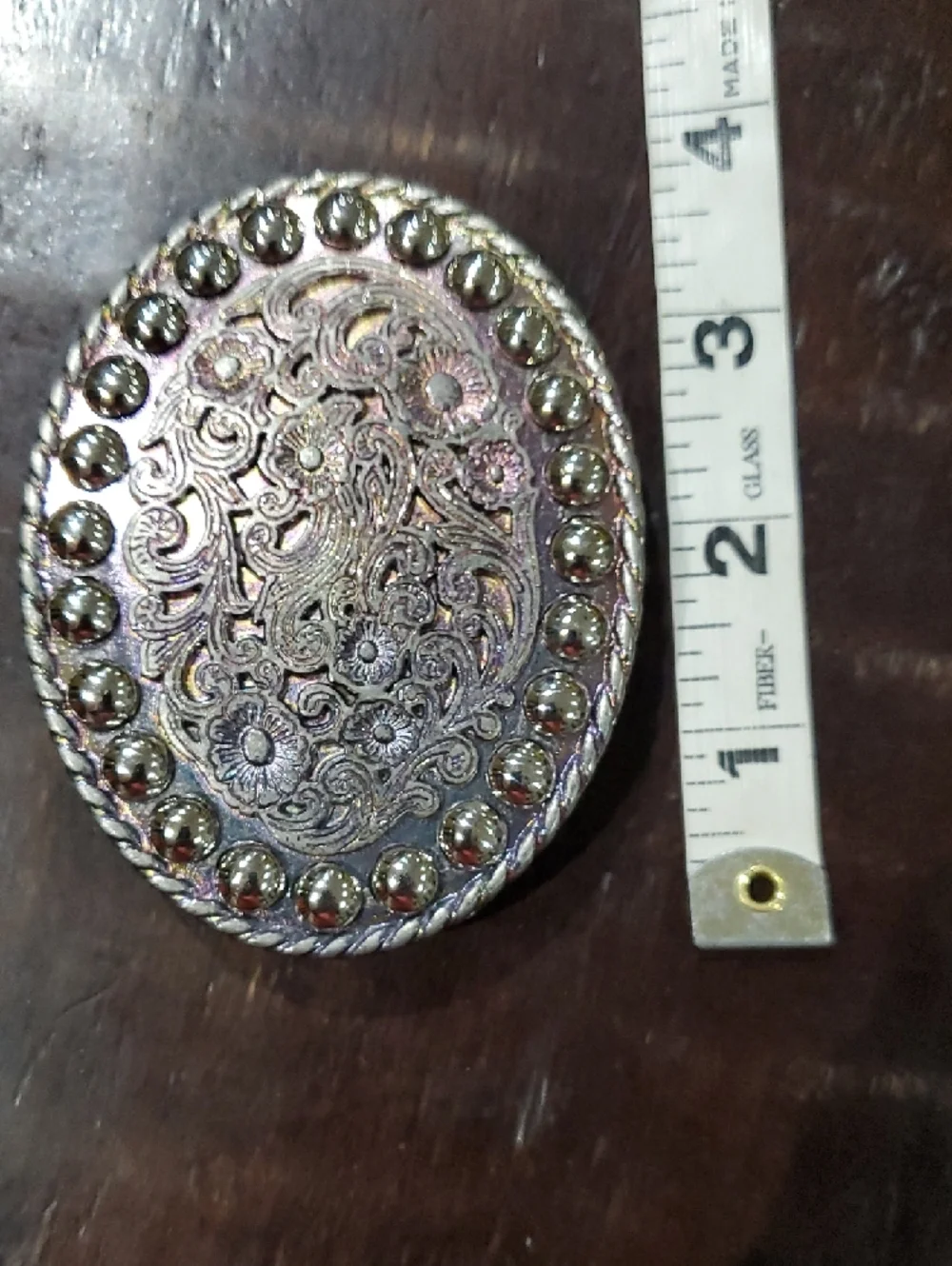 Vintage Silver Floral Oval Belt Buckle Pink And Purple Shimmer W Studs Cowgirl